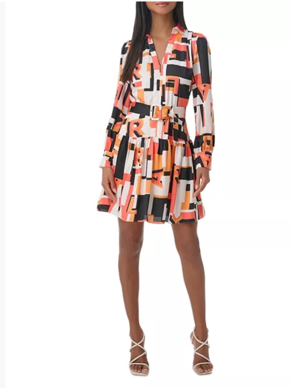 NWT Karl Lagerfeld Paris Geometric Print Long-Sleeve Satin Dress - Picture 4 of 8